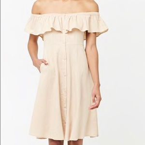 Beige linen-blend off the shoulder flounce dress